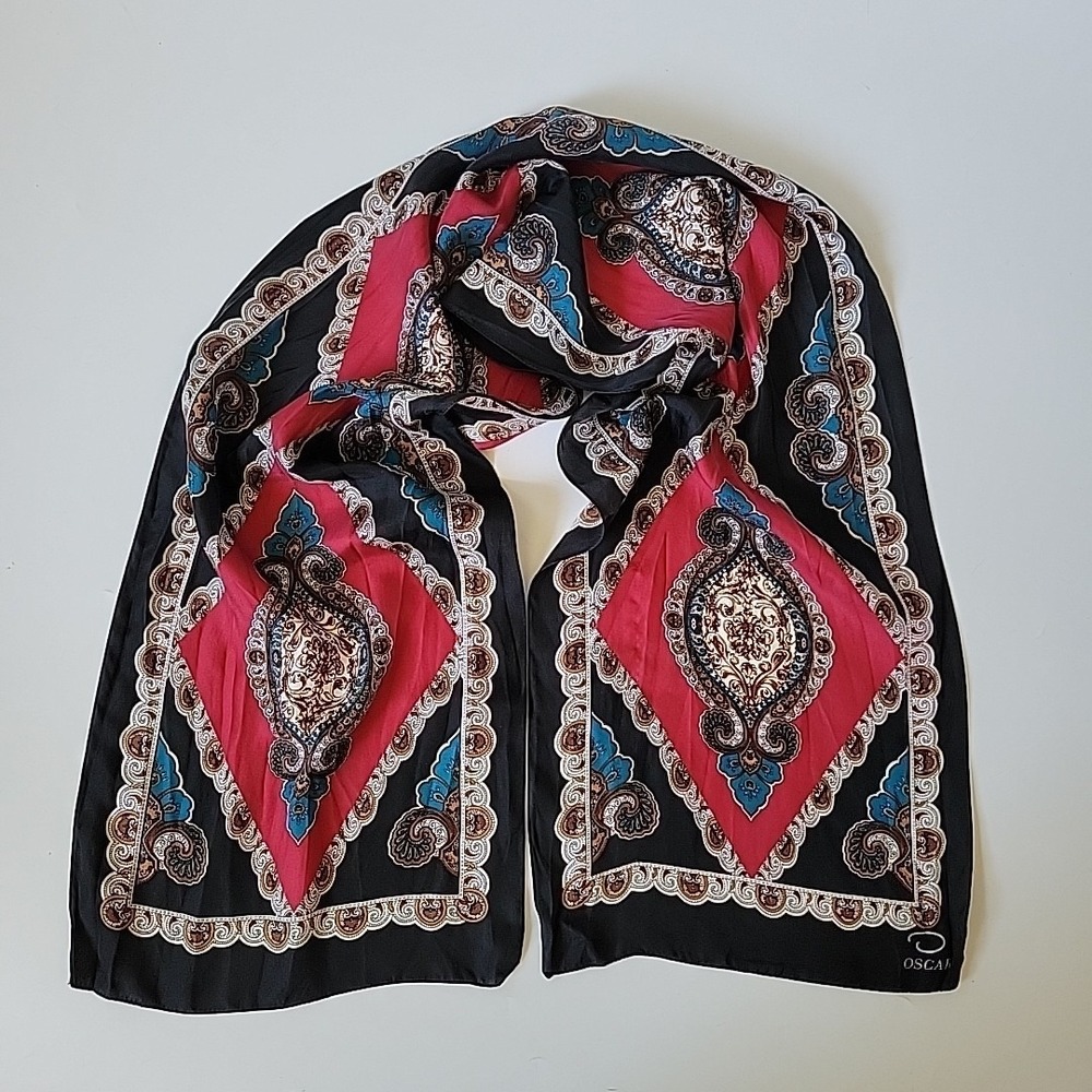 O by Oscar De La Renta Silk Satin Rectangle Scarf 52" Geometric Print Vintage